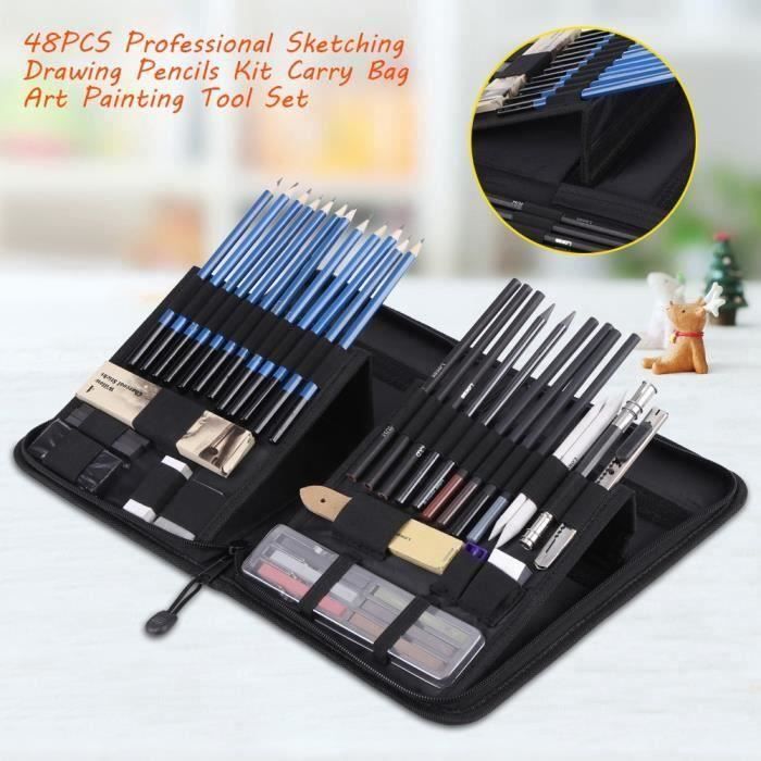 48pcs Set Kit De Dessin Professionnel Croquis Dessin Crayons Materiel Dessin Art Peinture Esquisse étui à Crayons Cwu