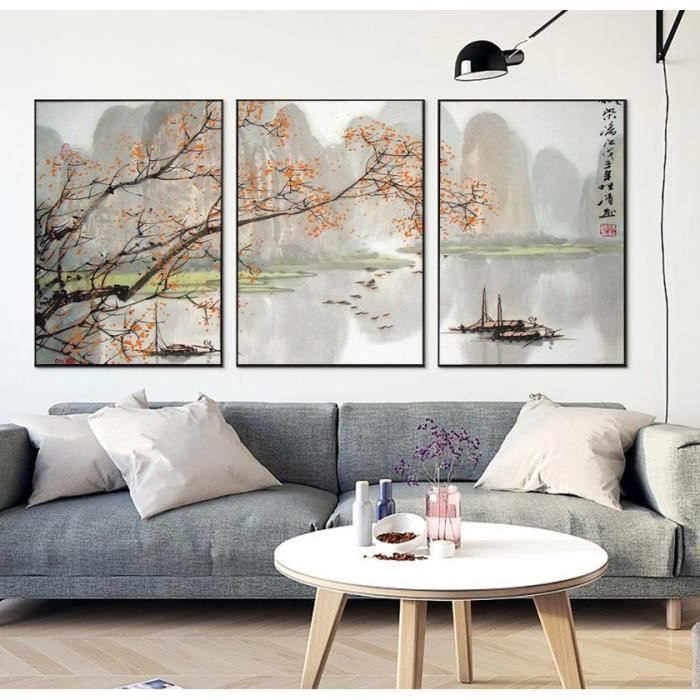 Tableau Toile Paysage Asiatique Avec Chat - 50x70 Cm - Art Mural - Neuf