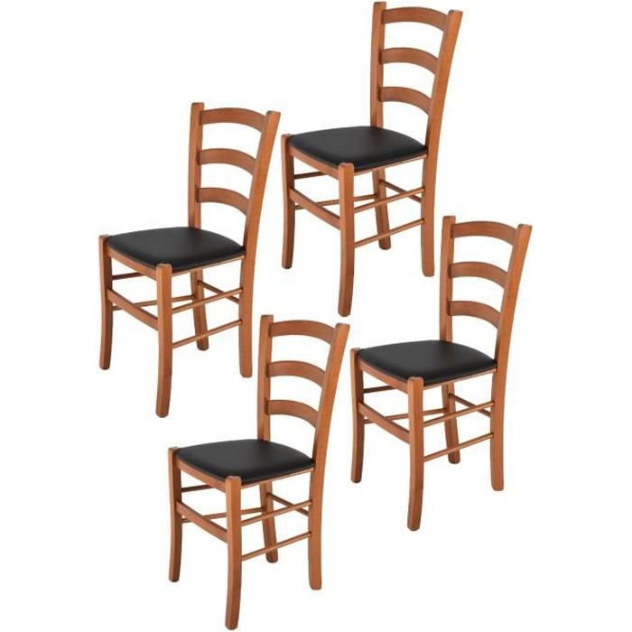 Tommychairs - Set 4 chaises cuisine VENICE structure en bois de hêtre peindré en cerisier et assise en cuir artificiel noir