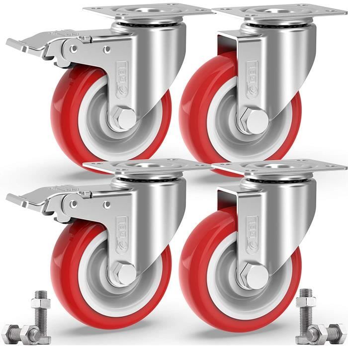 IQWTU Lot 4 Roulettes Pivotantes 125mm Avec Frein Double - Charge 800kg - Caoutchouc Silencieux Pour Meubles Lourds, Chariots, Établis