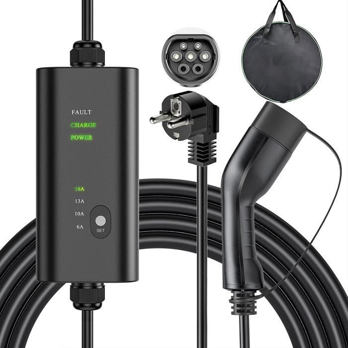 Fnrids Chargeur Voiture Électrique Type 2 Ev 3.6 Kw 6a/10a/13a/16a Cable Recharge 5 Mètres Schuko