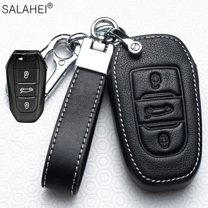 Coque cléVoiture en cuir À Distance Etui Clés Support Protéger Pour Peugeot 208 207 300 301 308 308S 408 2008 3008 - Type E-black