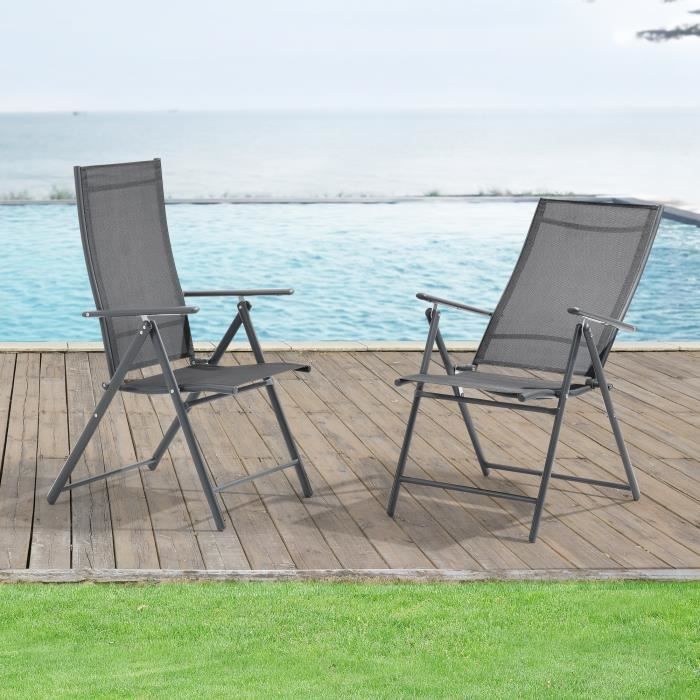 Lot de 2 Fauteuils de Jardin avec Accoudoirs et Dossier Acier Polyester Gris Foncé