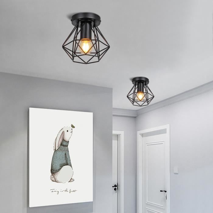 MOGOD Plafonnier Industriel Cage Forme Diamants Ø16cm Mini Lustre Suspension Vintage Rétro en Métal Fer Luminaire Noir