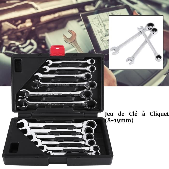 Jeu De 7 Clés à Cliquet 8mm-19mm - Chrome Vanadium - Poli Miroir - Garantie 1 An - Neuf