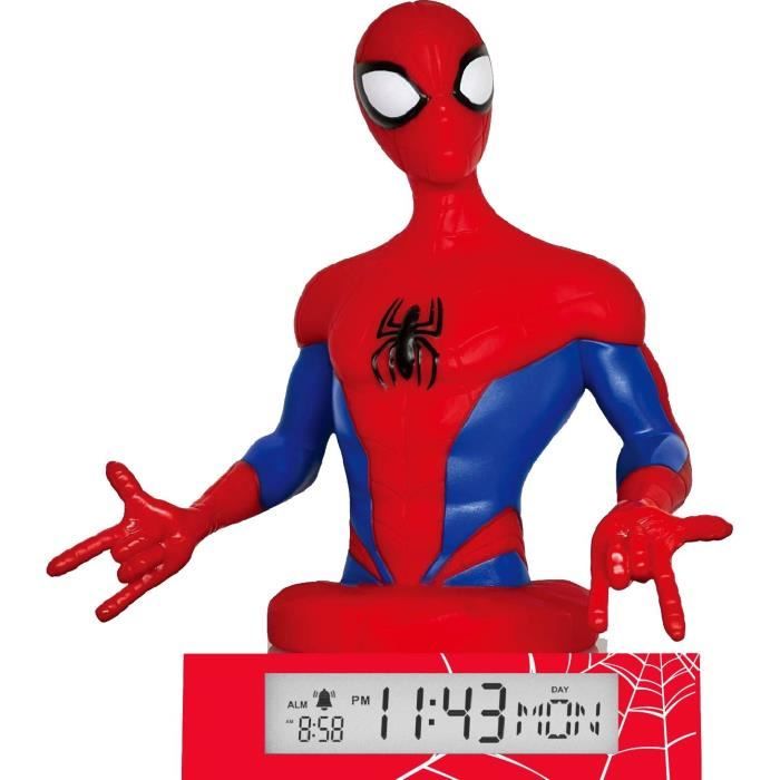 Réveil avec figurine 3D Spiderman lumineux - Indique heure date et fonction alarme - Fonctionne avec 3 piles LR06 non incluses
