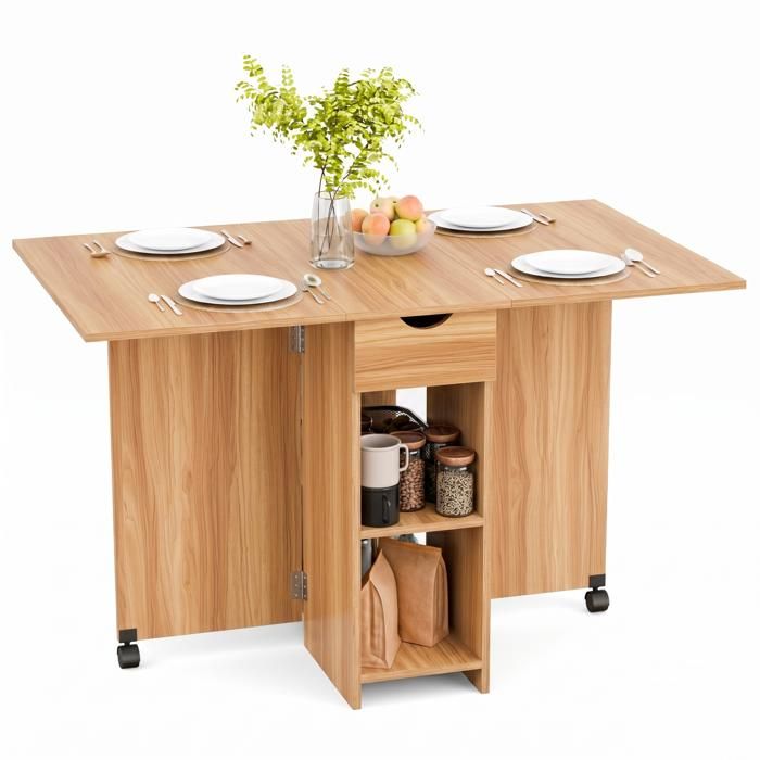 Mondeer Table à Manger Pliable Table pliante avec 1 Tiroir et 2 EtagèresTable de Cuisine Pour Petit Espace Chêne Rouge