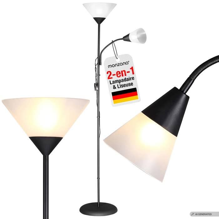 Lampadaire avec liseuse Noir MONZANA® 175 cm Réglable E27 Lampe orientable sur pied Projecteur de plafond Lampe de lecture