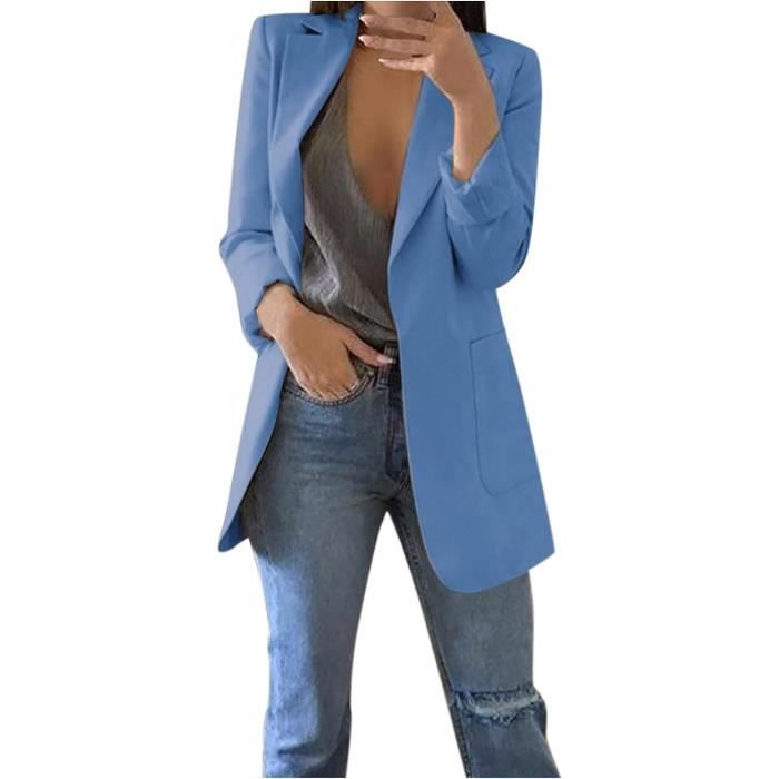 VESTE - VAREUSE - CASAQUE - BLAZER Costume Veste Femme Chic Blazer Manches Longues Cardigan Grande Taille Simple Bleu