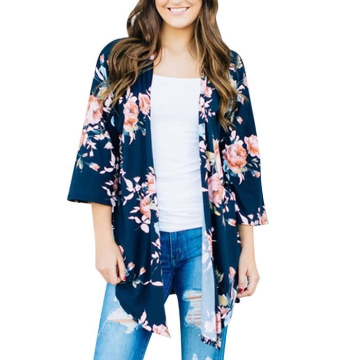 Dedasing Femme Florale D Ete A Manches 3 4 Plage Mince Kimono Cover Up Manteau De Cardigan Casual Bleu Bleu Achat Vente Gilet Cardigan Soldes Sur Cdiscount Des Le Janvier Cdiscount