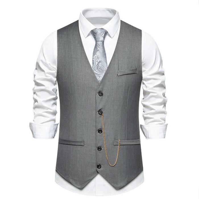 Gilet Costume Homme Formel Classique Sans Manches Col V Couleur Unie Pour Mariage Business Parti - Taille EU - Gris