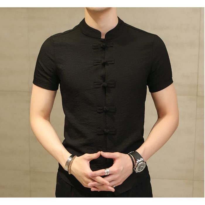 Chemise Hommes Mode Ete Nouveau Manches Courtes Style Chinois Boutons De Plaque Slim Noir Cdiscount Pret a Porter