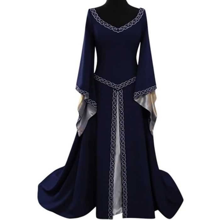 MJGkhiy Robe médiévale Femme d'Été Vintage Robe à Manches Trompette Gothique Robes de Princesse Soirées Costume de Carnaval Elfe Robe Celtique Sorcière, Blanc, S