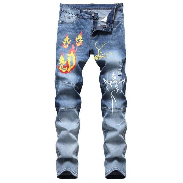 Homme Jeans Fashion Imprime Coupe Droite Stretch Jean 5 Poches Effet Blanhe et Delave