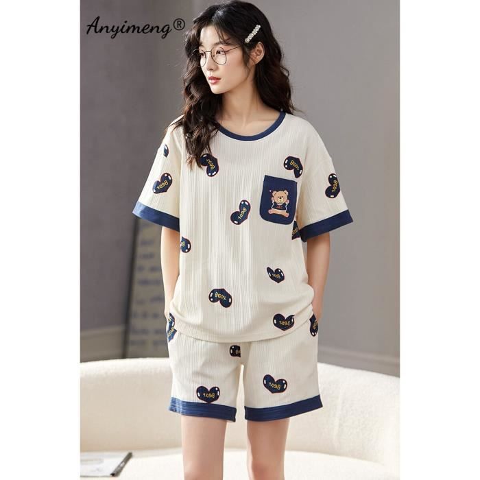 Pyjama Pyjama femme short d ete en coton imprime de chats mignons vetements de maison pour filles ensemble coreen E280710916 Blanc Cdiscount Pret a Porter