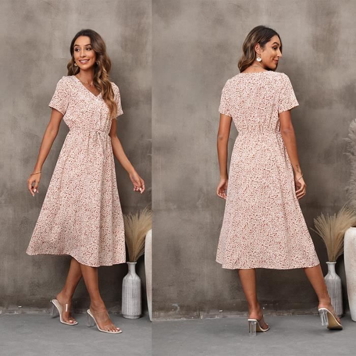 Robe Femme Col en V Chic Classique Elegant exquis Boheme Apricot M Cdiscount Pret a Porter