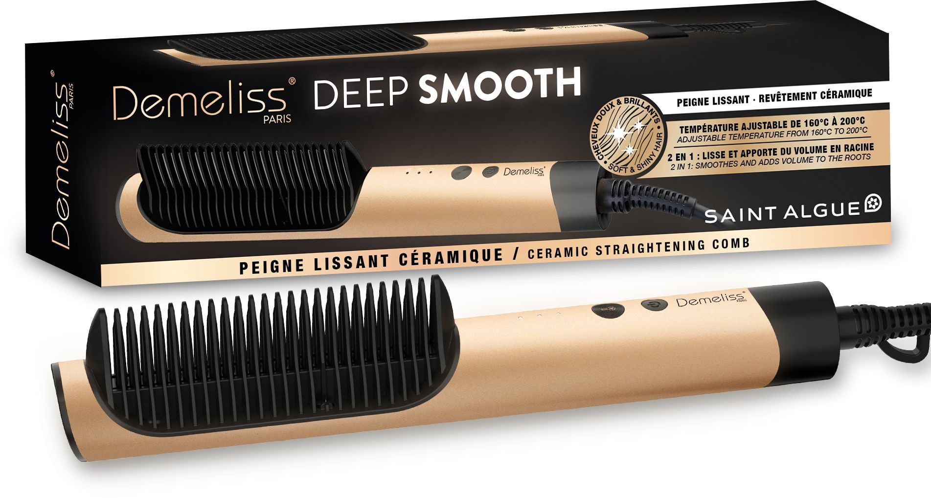 Peigne lissant - SAINT ALGUE - Demeliss DEEP & SMOOTH - 3 températures - Gold
