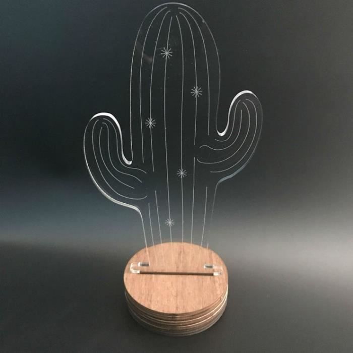 Cactus Lampe A Poser 3d Led Polycarbonate Et Bois H22cm Blanc