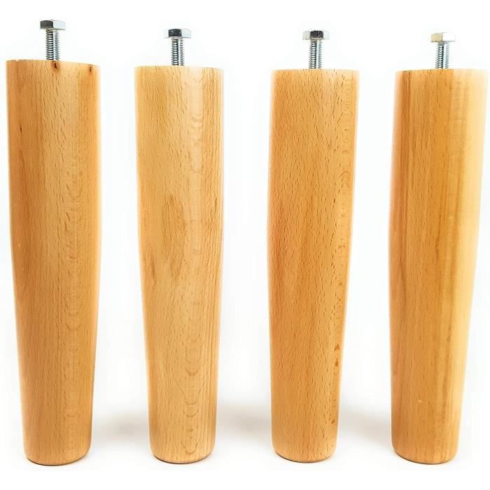 Lot De 4 Pieds Hêtre Coniques Pour Sommier à Lattes – Hauteur 35 Cm Avec Boulons