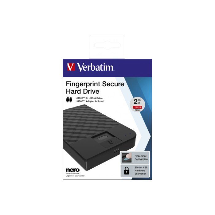 Disque dur externe - Verbatim - 53651 - 2000 Go - USB 3.0 - Sécurisé par empreinte digitale