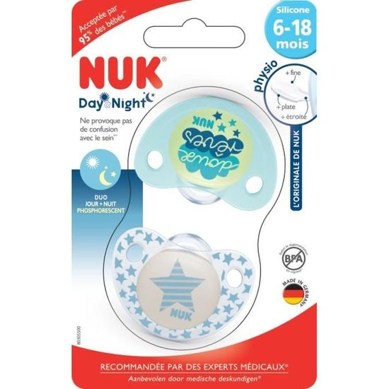 NUK Lot de 6 sucettes Classic Silicone 18-36M Jour et Nuit Bleu/Vert -  Cdiscount Puériculture & Eveil bébé
