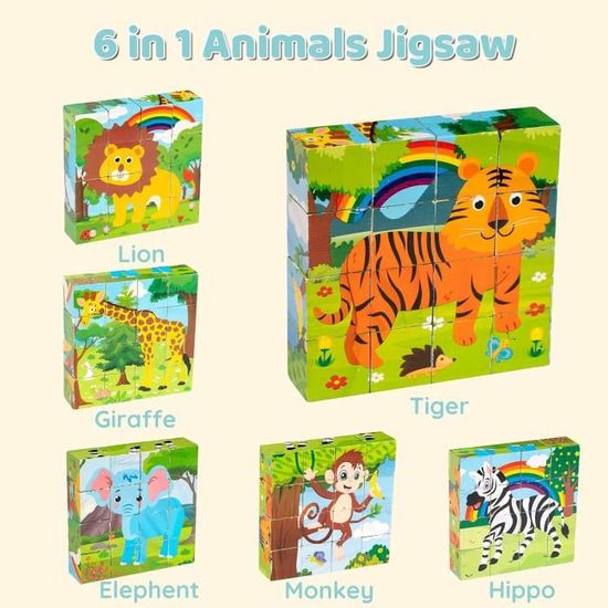 Puzzle En Bois Montessori 6 Pièces – Animaux Crocodile, Dinosaure, Girafe, Lapin, Panda, Dauphin – Apprentissage Couleurs Et Chiffres – Dès 1 2 3 4 Ans – Cadeau Noël Ou Anniversaire