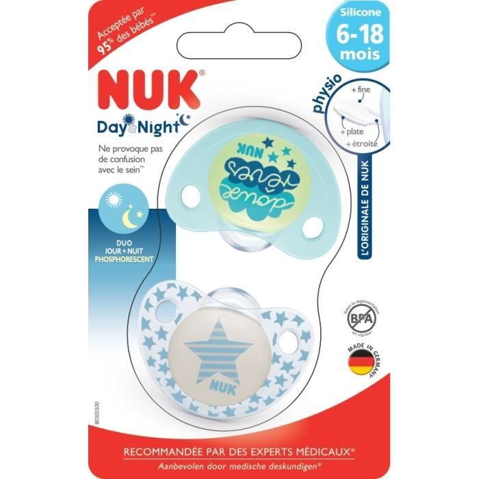 NUK 2 Sucettes DAY & NIGHT Silicone 6-18m DUO - Cdiscount