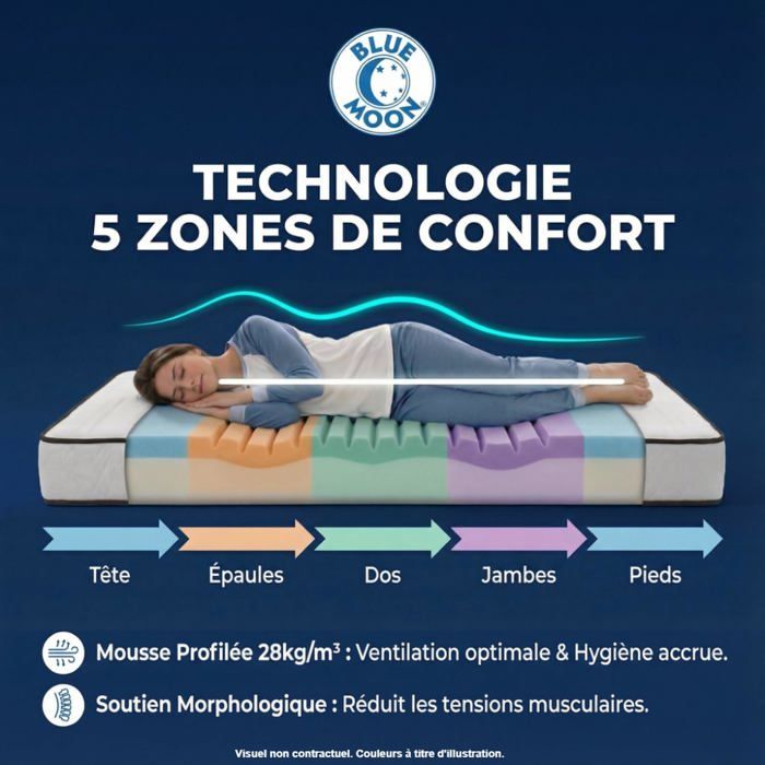 Blue moon – matelas sympa 90x200. Mousse profilée 5 zones de confort. Épaisseur 14 cm – compatible lits ikea – fabriqué en belgique – garantie 7 ans SYMPA
