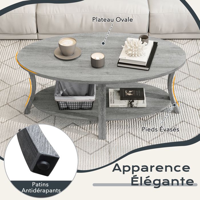 GOPLUS Table Basse Salon, Table Basse Verre Ovale Française Vintage avec Plateau Verre Trempé et Cadre Bois Cintré pour Bureau et Maison, Charge 35+25KG 102x56x 47cm Brun