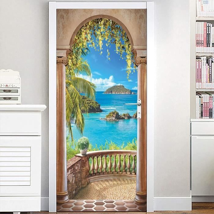 Sticker Porte 3D Vue Sur Mer - Dimensions 77x200 Cm (2 Panneaux) - Autocollant Imperméable Pour Décoration Intérieure