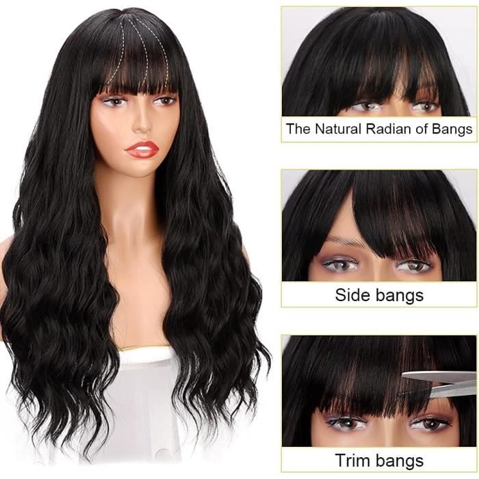 Perruque Synthétique Noire Longue Bouclée - Bonnet Moyen - Frange - Neuf Sans étiquettes