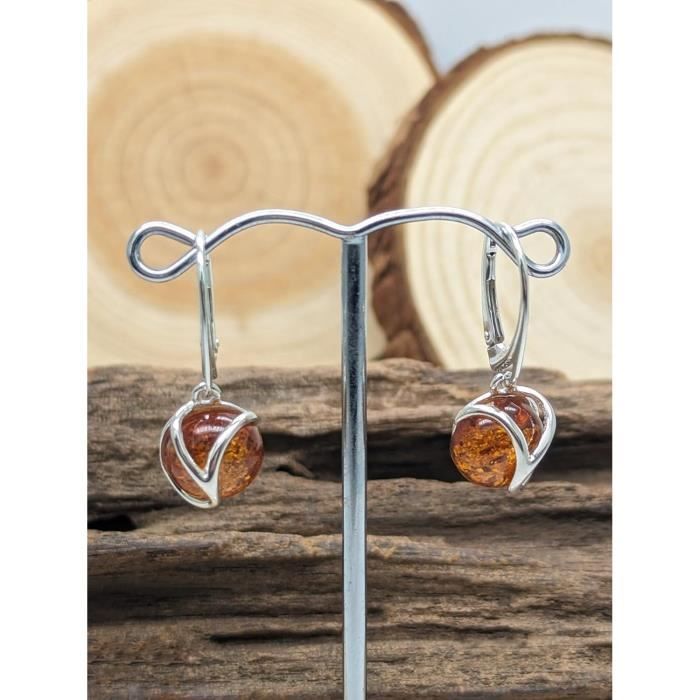 Boucles D'oreilles Pendantes En Argent 925 Et Ambre Naturel - Fait Main En Lituanie, Neuf Sans Emballage