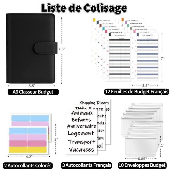 couleur Or Enveloppe de Budget en Cuir PU, pour planificateur, feuille de Budget  Français, A6 Mrssbea