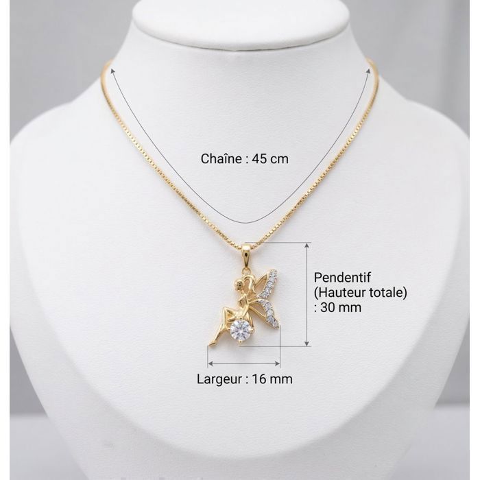 Collier Enfant - Chaîne Et Pendentif Fée - Cristal, Plaqué Or Jaune 750/1000 - Neuf Avec étiquettes - 41-45 Cm