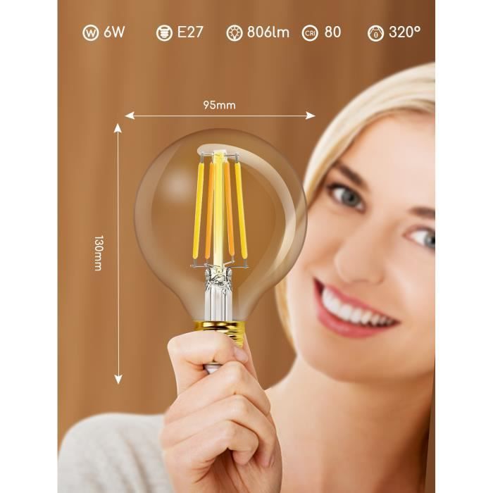 Aigostar Lot 6 Ampoules Connectées Alexa E27 6W Vintage WiFi LED A60 Dimmable 2700K-6500K Ambre