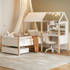 DRIPEX Lit d'angle avec tiroir 90×200cm et bureau,Lit maison en forme L avec toile et étagère de rangement,Blanc