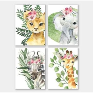 6 Affiche Animaux Jungle Chambre Bebe Girafe Léopard Elephant Zèbre Tigre  Lionceau Fleurs Toile Colorée Poster Tableau Murale - Cdiscount Maison