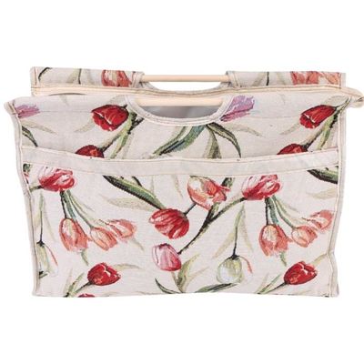 Sac à Tricoter Avec Poignée Bois - Rangement Laine Et Aiguilles - Tissu Jacquard Roses, Fermeture éclair