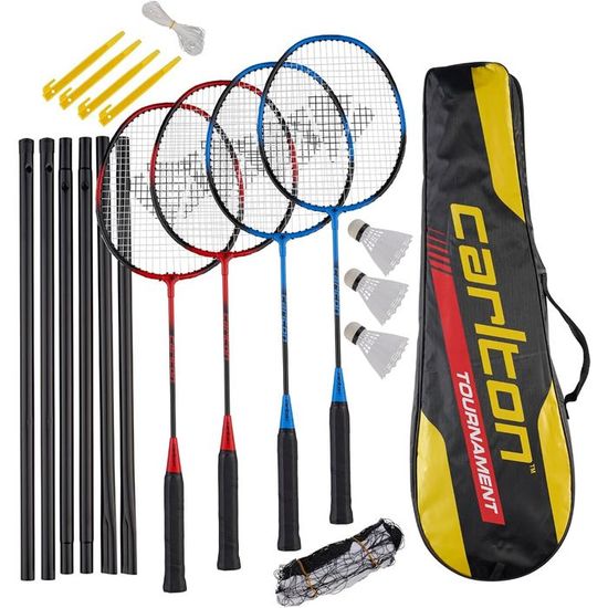 Set Badminton Carlton Tournament 4 Joueurs - 4 Raquettes, 3 Volants, Filet, Poteaux Et Sac