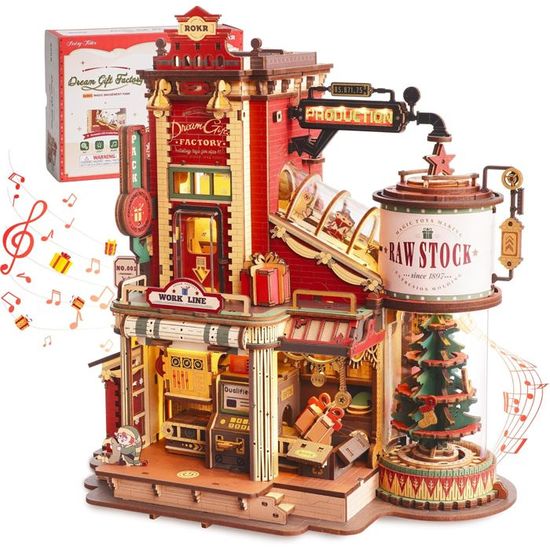 Rolife Maquette Bois Boîte à Musique Sapin De Noël – 319 Pièces, Train Mobile, LED & Mélodies Festives