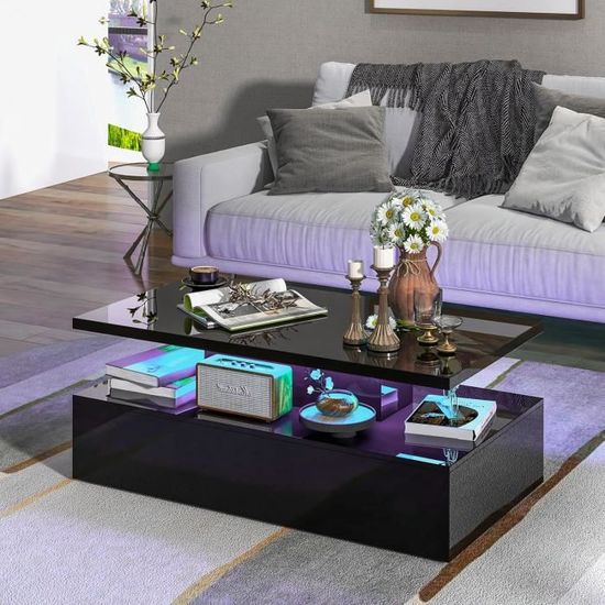 Table Basse LED Laquée Noire Avec Télécommande - 20 Couleurs, 19 Modes, 110x60x40 Cm, étagère - 4