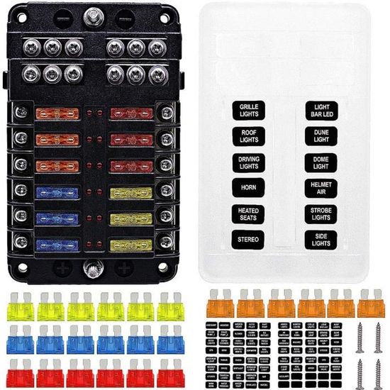 Boîte à Fusibles 12 Voies 12V/24V Avec LED Indicateur - 30 Fusibles Inclus - Pour Voiture, Bateau, Camion