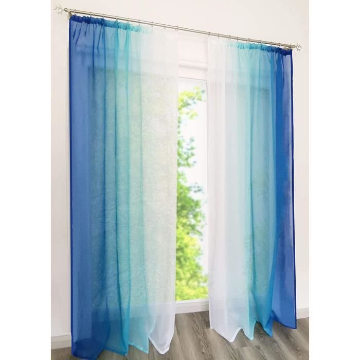 Rideaux Voilages HongYa - Lot De 2 - Dégradé Blanc Et Bleu - 175x140 Cm - Œillets - Polyester Transparent
