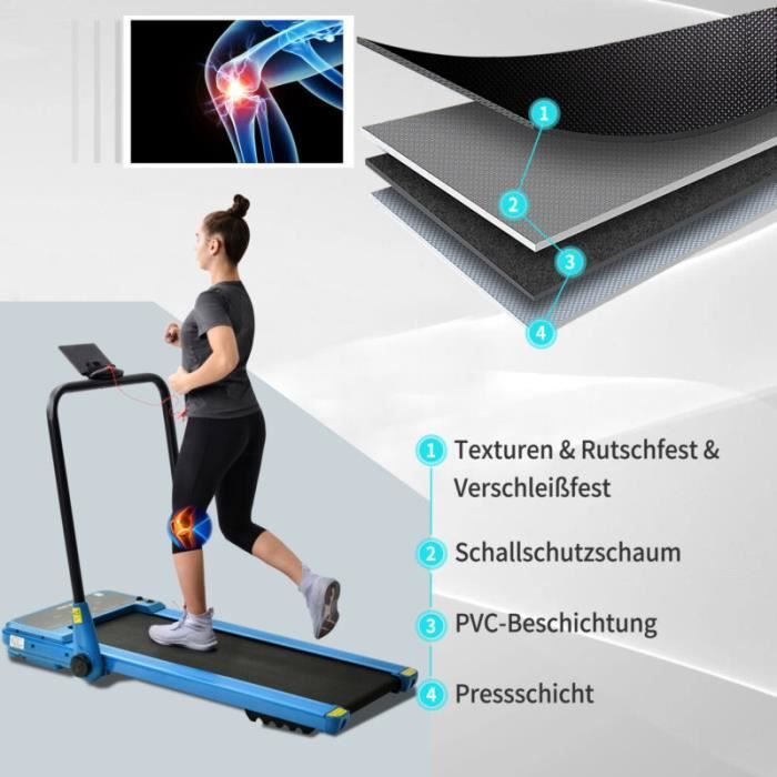 Tapis de Course Pliable 1,5 HP Motorisé Tapis Roulant 12km-h Haut-parleur Bluetooth Télécomode Bleu