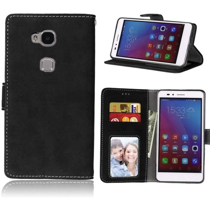 Portefeuille Coque Honor 5X Smartphone, Mate Texture PU Cuir Flip Magnétique Housse Carte Fentes et Stand Fonction Étui (NoirNQ