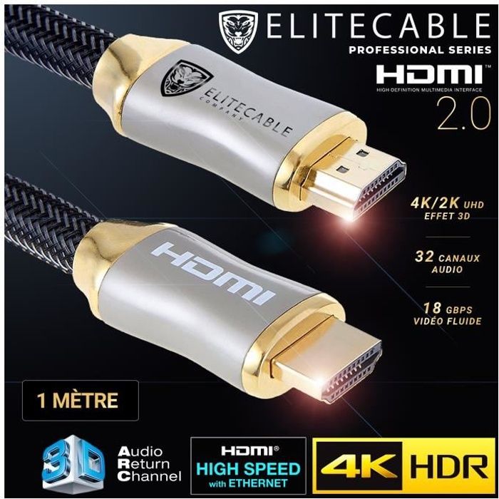 EliteCable - Câbles AV HDMI - Cable HDMI 2.0 1m 4K HDR UHD High Speed Ethernet 3D ARC Nylon Tressé Lecteur Blu-Ray Xbox 360 PS3 PS4