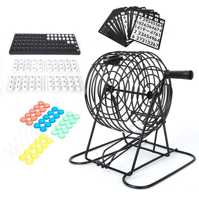 Jeu de bingo avec cage en métal, jeu de bingo traditionnel Lucky Ball Bar Party, avec plateau de bingo, boules de bingo, 18 cartes