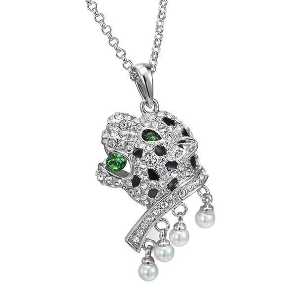 Pendentif Panthère Perle et Cristal de Swarovski Elements et Plaqué Rhodium