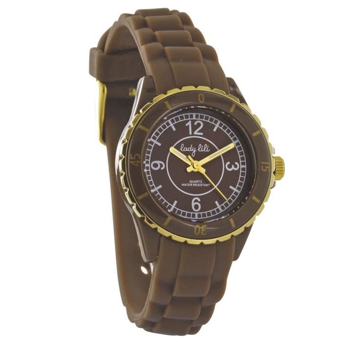 Lady Lili - Montre femme boîtier plastique marron, bracelet silicone marron