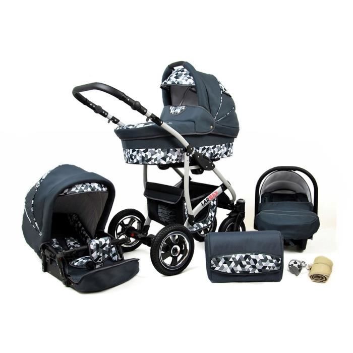 Lux4kids Poussette combinée Landau roues pivotantes Poussette Canne Nacelle Accessoires Larmax Grey Geometric Siège auto 4en1